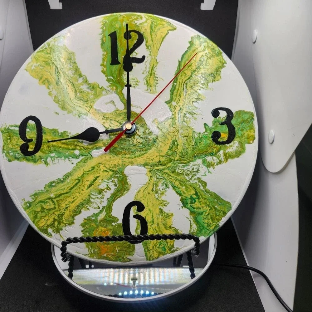 Hand Crafted Abstract Hanging Wall Clock Analog Vinyl Record Fluid Art Decor
